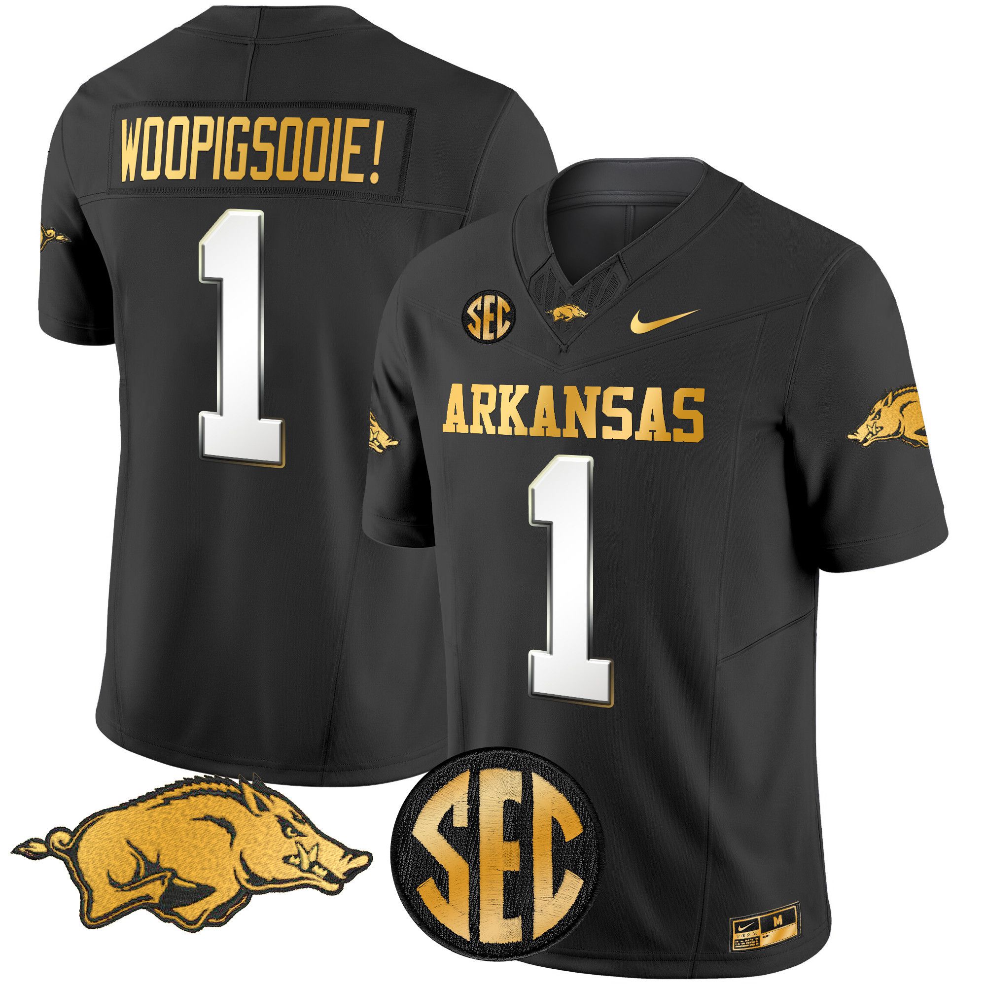 Men Arkansas Razorbacks #1 Woopigsooie Black Nike 2024 Gold Vapor Limited NCAA Jersey style 2->more ncaa teams->NCAA Jersey